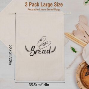 3 Pack Linen Bread Bags for Homemade Bread, Reusable Sourdough Bread Bags with Plastic Liner for Fresh Bread Storage & Christmas Gift Wrap (20" x 14")