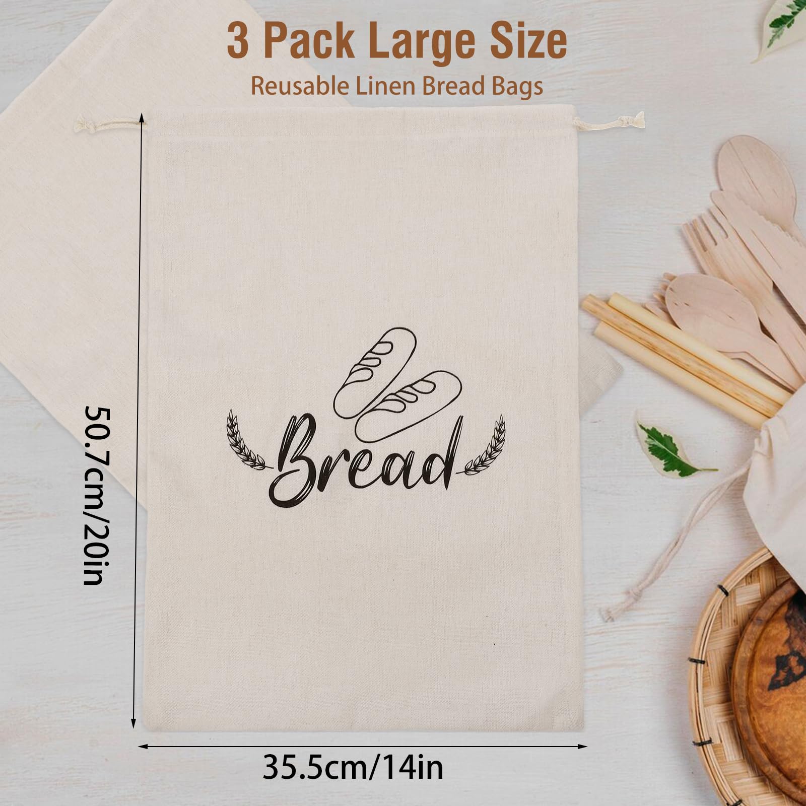 3 Pack Linen Bread Bags for Homemade Bread, Reusable Sourdough Bread Bags with Plastic Liner for Fresh Bread Storage & Christmas Gift Wrap (20" x 14")