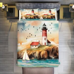 MSSHUKYTT Modern Watercolor Nautical Lighthouse Twin Size Comforter Cover Sets 3 Piece,Rustic Abstract Tropical Island Cabin Seagull Sailboat Waves Duvet Cover Set 2 Pillowcases(No Insert)