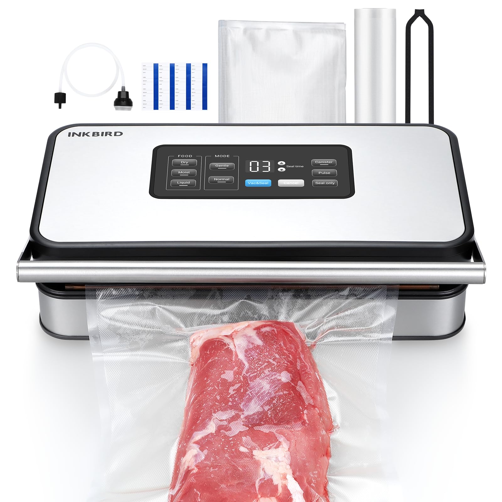 INKBIRD Vacuum Sealer Machine with 160W Double Pump, Full Automoatic Pro Vacuum Sealer for Food Preservation with Liquid/Moist/Dry Food, Food Sealer with Removable Drip Tray, Roll Storage and Cutter