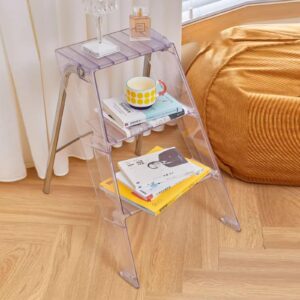 folding step stool for adults 3 step ladderstep stool acrylic chair with anti-slip platform and steel frame, storage shelf for garden kitchen library