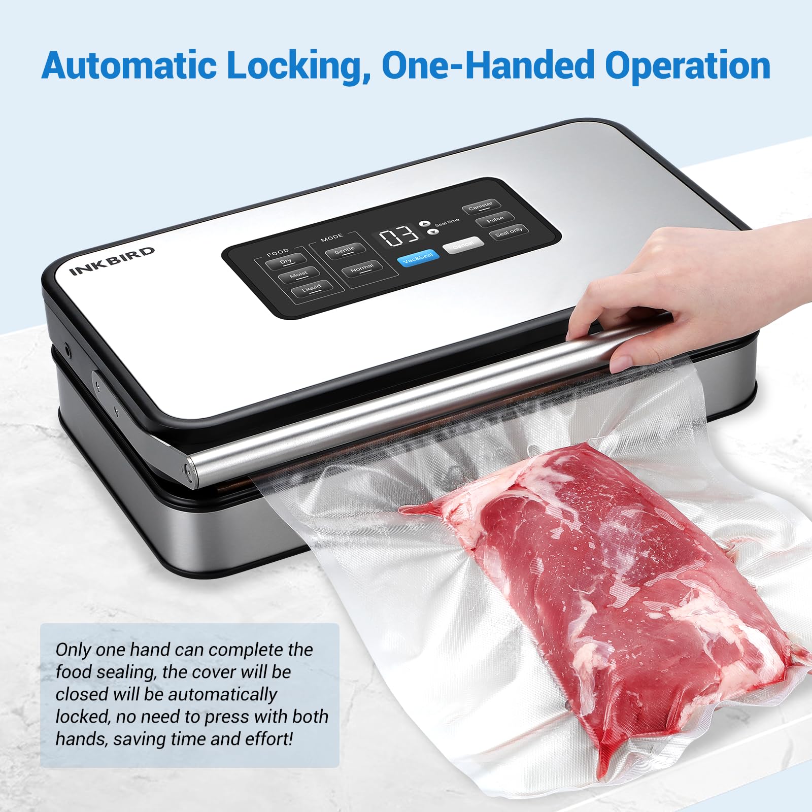 INKBIRD Vacuum Sealer Machine with 160W Double Pump, Full Automoatic Pro Vacuum Sealer for Food Preservation with Liquid/Moist/Dry Food, Food Sealer with Removable Drip Tray, Roll Storage and Cutter