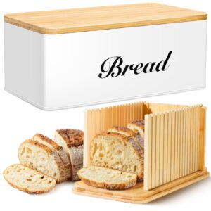 alpiriral bread box with bread slicer, white bread storage container for kitchen countertop with multifunction bamboo lid, 3 in 1 breadbox for loaf slicing & tray, bread bin holder for kitchen counter