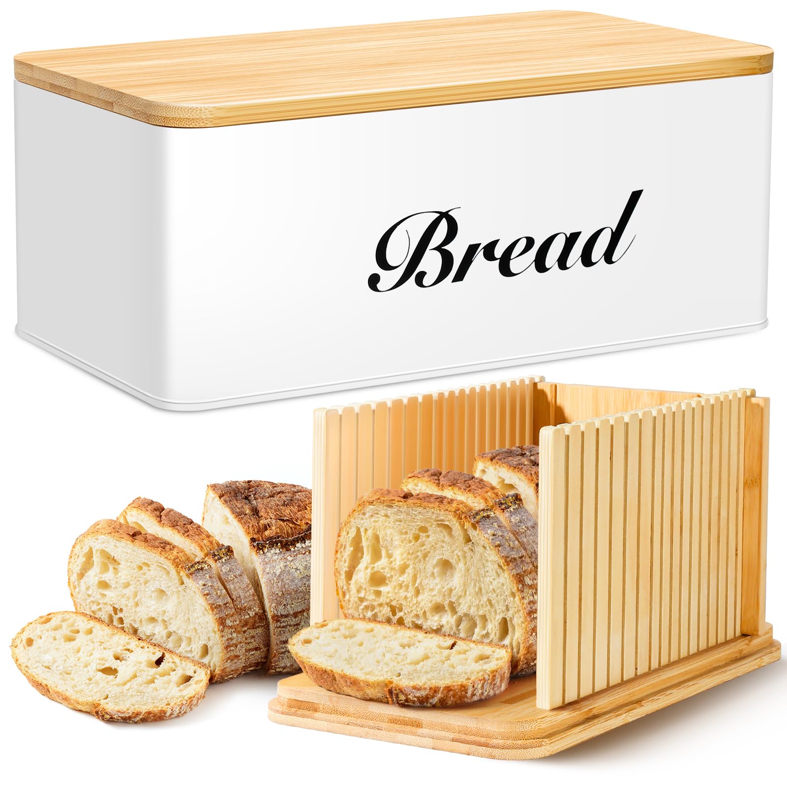 ALPIRIRAL Bread Box with Bread Slicer, White Bread Storage Container for Kitchen Countertop with Multifunction Bamboo Lid, 3 in 1 Breadbox for Loaf Slicing & Tray, Bread Bin Holder for Kitchen Counter