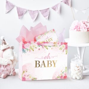 13” Large Baby Gift Bags with Tissue Paper & Greeting Card (oh BABY & Floral), Gift Bags Lager Size for Baby Girl Shower, New Parents, Newborn, 1st Birthday, Gender Reveal Party-Pink