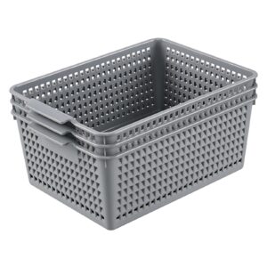 dehouse set of 3 large plastic baskets for organizing, plastic storage basket organizer, gray