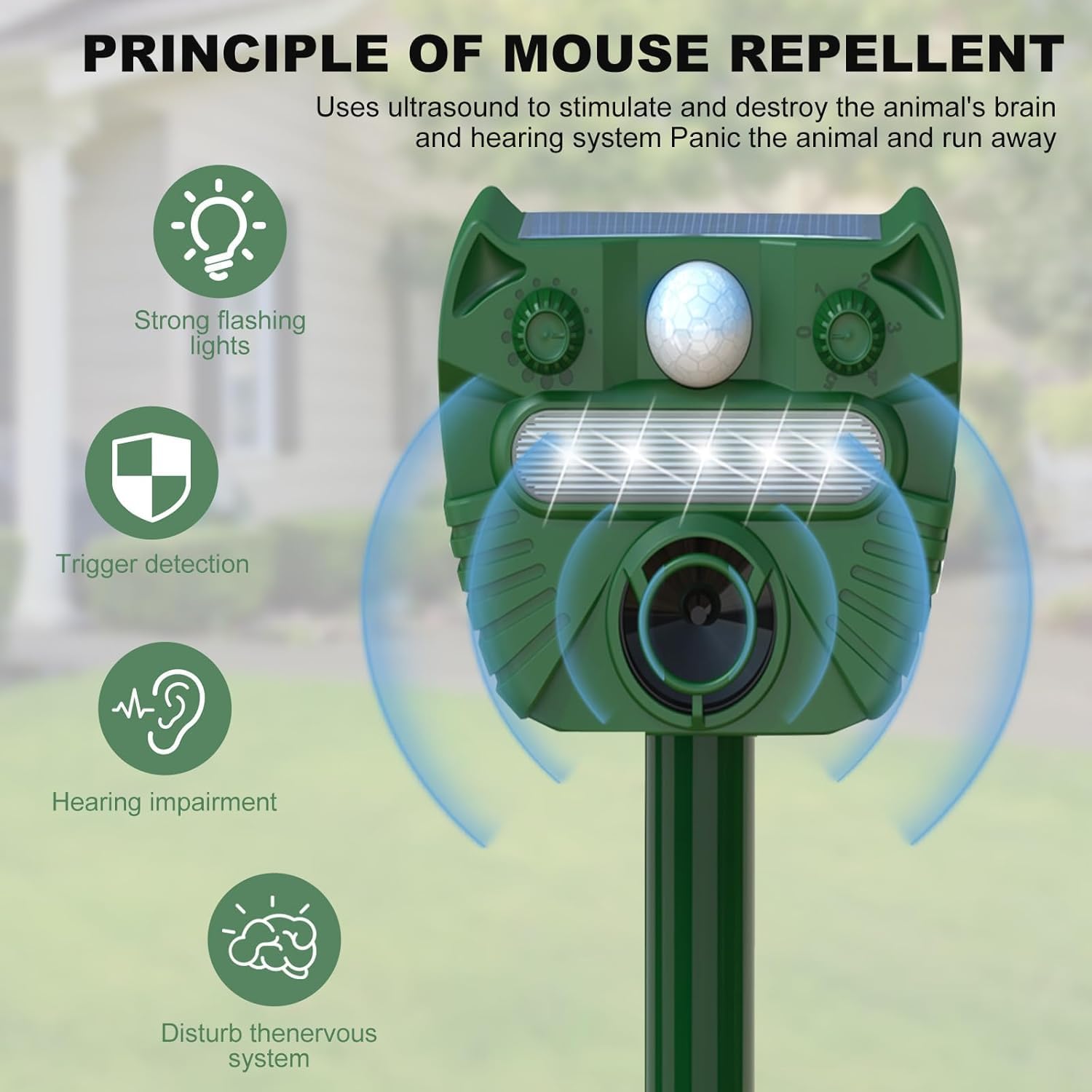 Upgraded Ultrasonic Animal Repellent, Solar Animal Repeller Squirrel Repellent with PIR Sensor,Waterproof Cat Deer Repellent for Raccoon, Fox, Skunk-Green