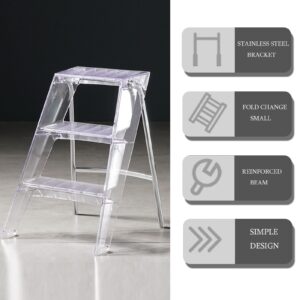 Folding Step Stool for Adults 3 Step LadderStep Stool Acrylic Chair with Anti-Slip Platform and Steel Frame, Storage Shelf for Garden Kitchen Library