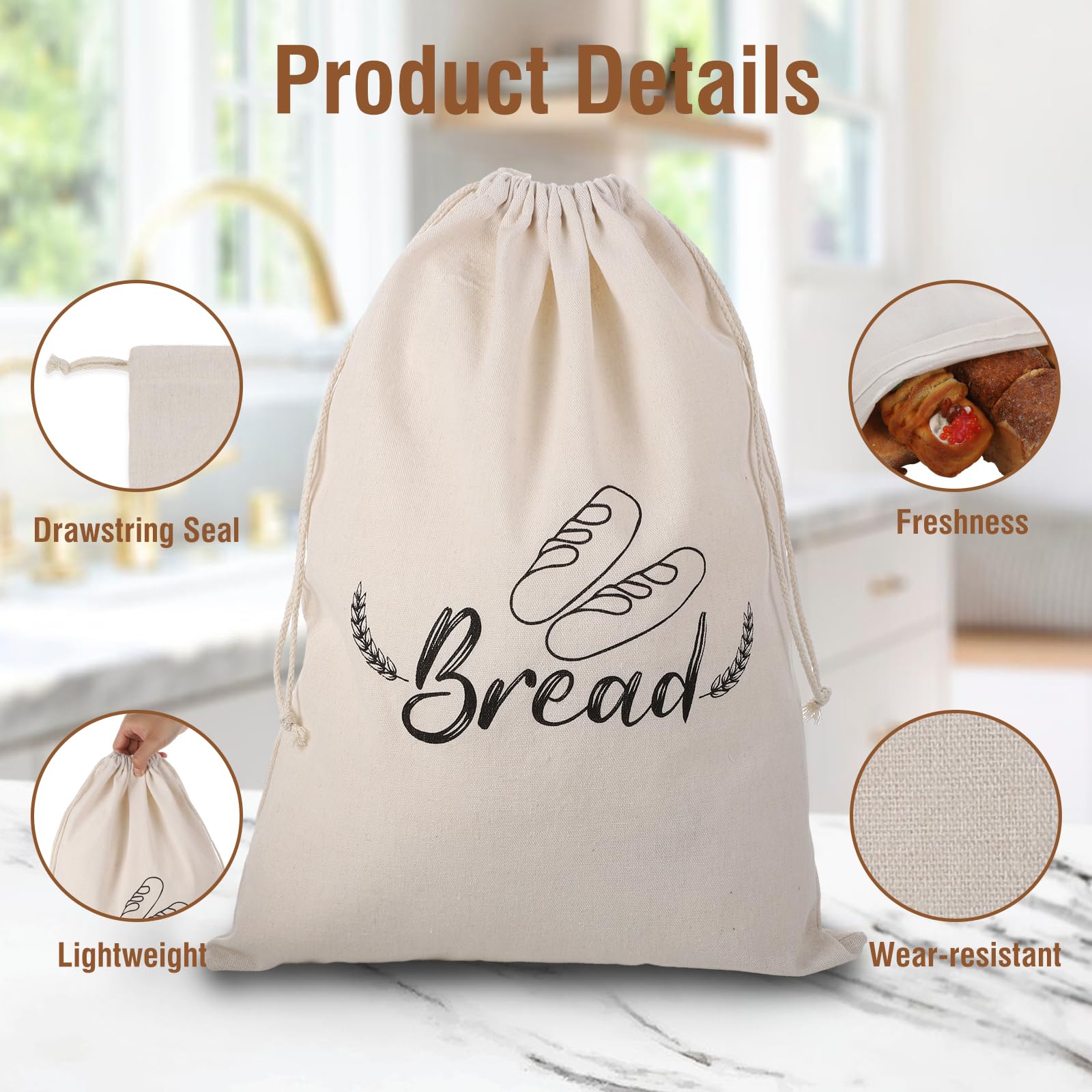 3 Pack Linen Bread Bags for Homemade Bread, Reusable Sourdough Bread Bags with Plastic Liner for Fresh Bread Storage & Christmas Gift Wrap (20" x 14")