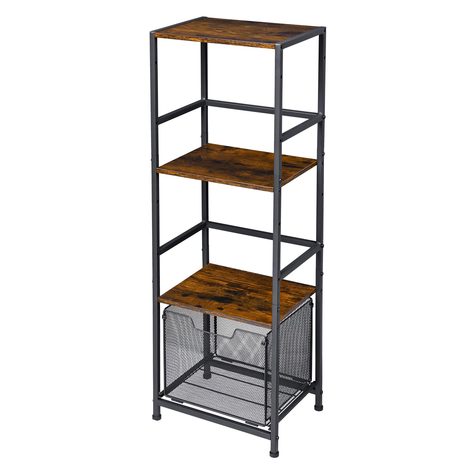 4-Tier Standing Storage Shelves, Narrow Shelving Unit for Small Places, Metal Wood Combination Storage Shelf Rack with Wire Basket,Adjustable Utility Shelf for Bathroom Kitchen Laundry Garage