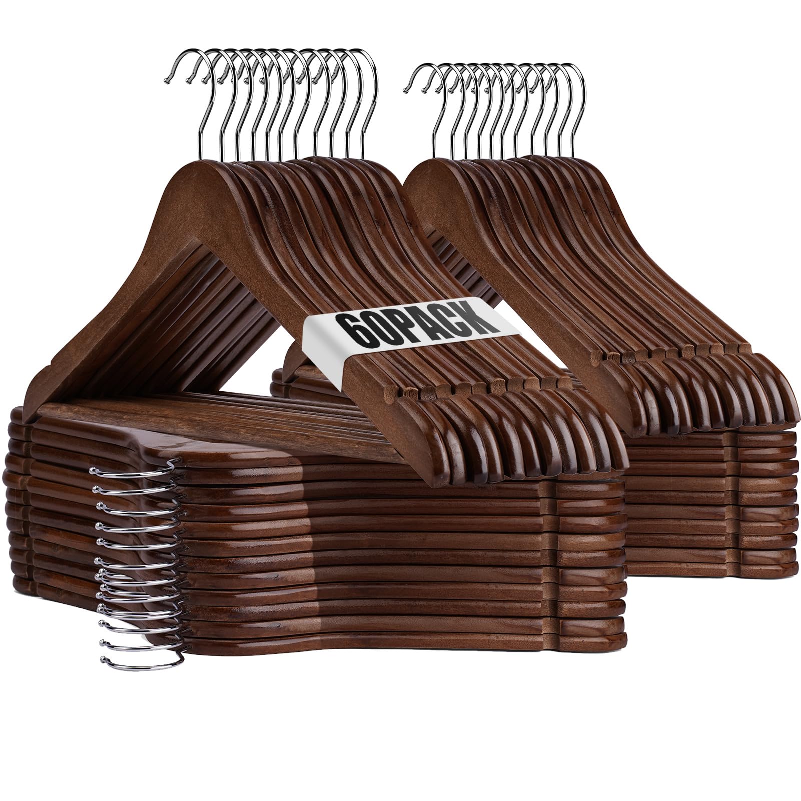 Uinicor Wooden Hangers 60 Pack Wood Hangers Set,Wooden Suit Hangers Coat Hangers for Closet, Heavy Duty Hangers with Precisely Cut Notches,Clothes Hangers for Coats, Jackets, Pants & Dress（Walunt）