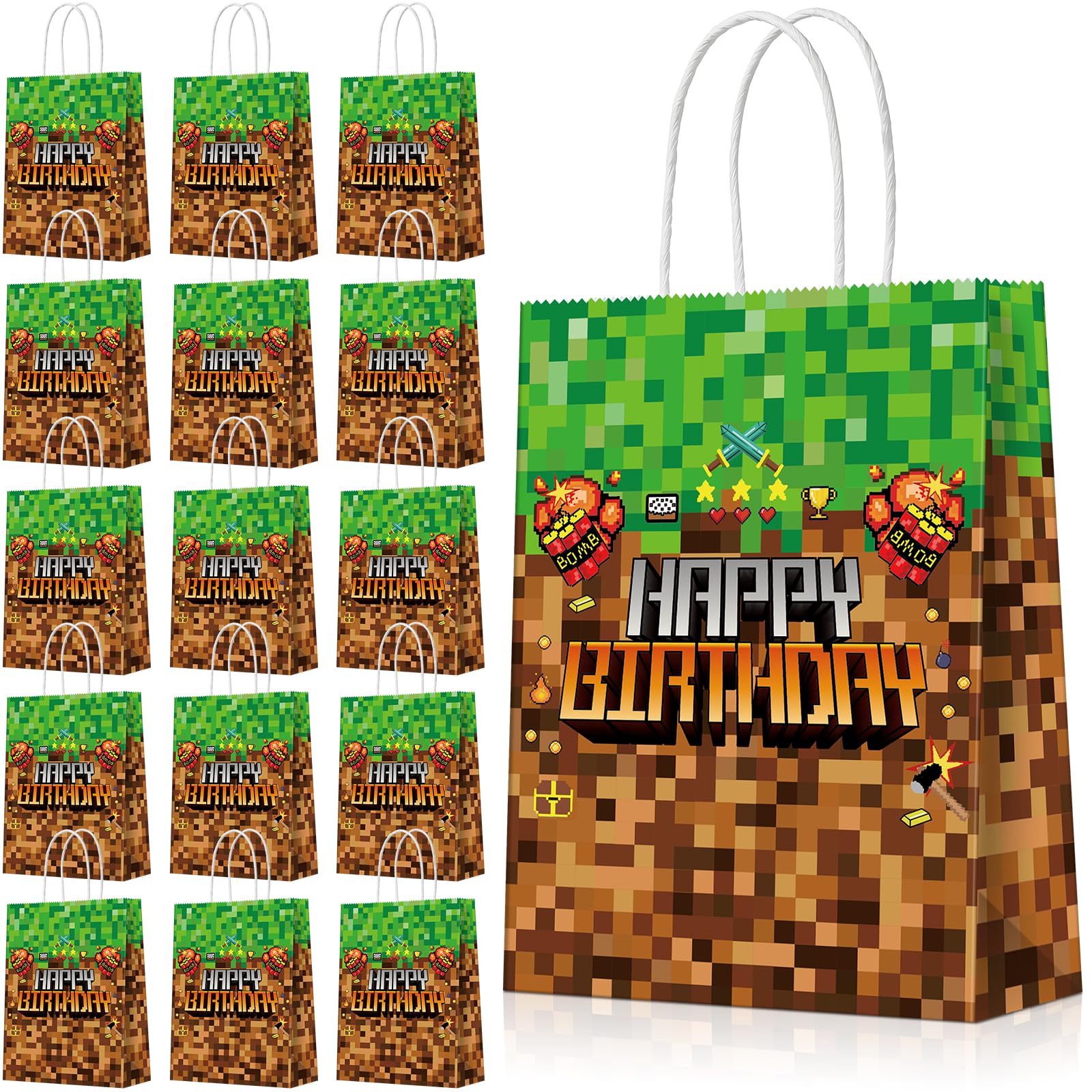 16pcs Pixel Party Favor Bags with Handle Paper Miner Gift Bags Candy Bags Goodie Treat Bags for Mining Pixel Video Game Party Decorations Birthday Party Supplies