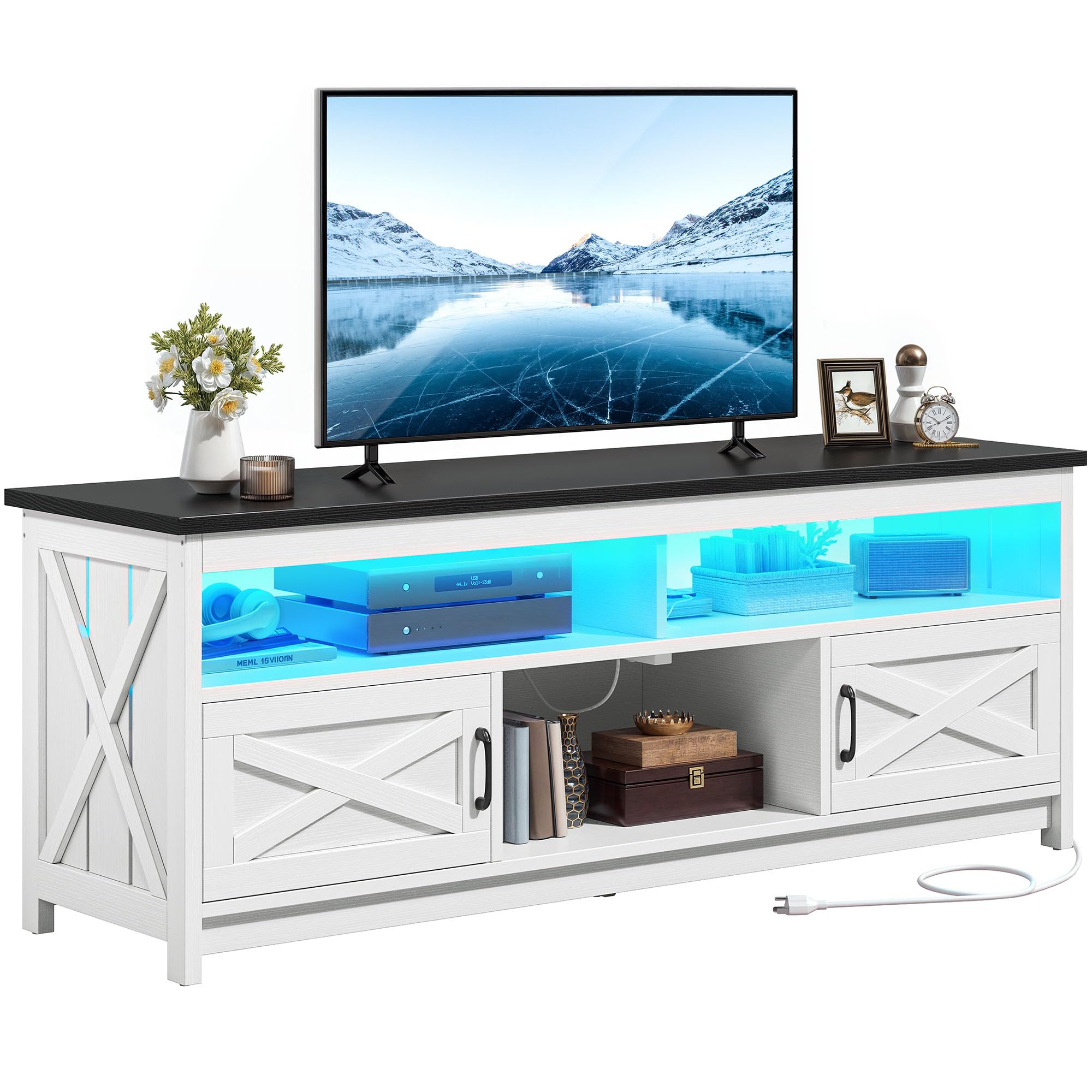 YITAHOME Farmhouse TV Stand for 75 65 Inch TV w/Power Outlets, LED Media Console with Storage Cabinets, Rustic Entertainment Center Table TV Cabinet for Living Room, 65'' Large TV Stand, Black/White