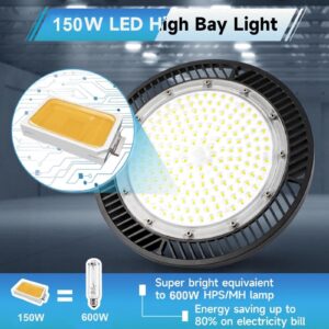 THELUX UFO Led High Bay Light 150W 21000Lm 5000K,100V-277V, Daylight with Plug, High Bay Led Lights for Warehouse Workshop Factory Barn Logistics Center 6 Pack with FCC certificated