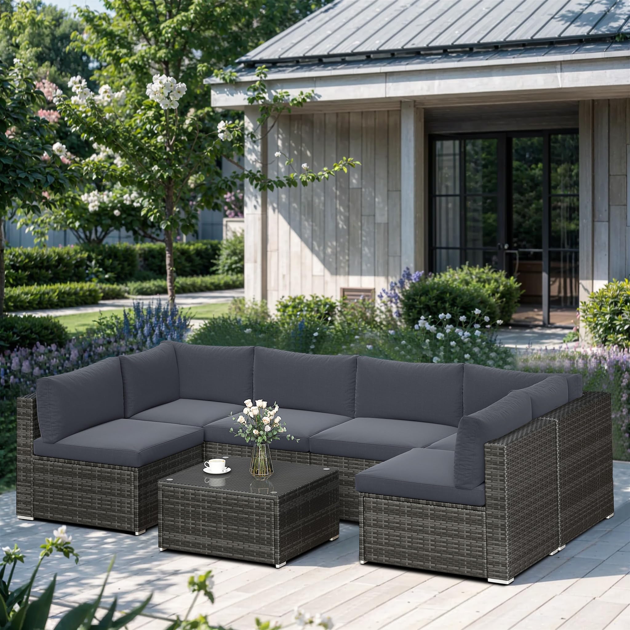 SUNVIVI OUTDOOR 7 Piece Patio Furniture Sets All Weather Gery PE Wicker Couch Sofa with Glass Table, Removable Dark Grey Cushions