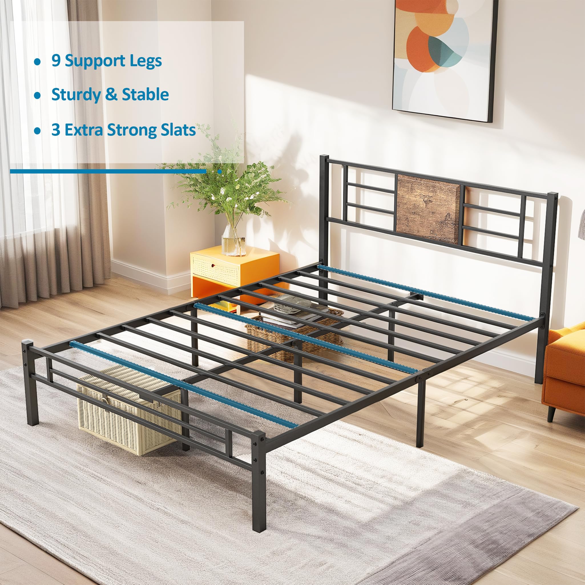 VECELO Full Size Bed Frame with Headboard, Heavy-Duty Platform with Metal Slats Support, No Box Spring Needed/Easy Assembly, Black