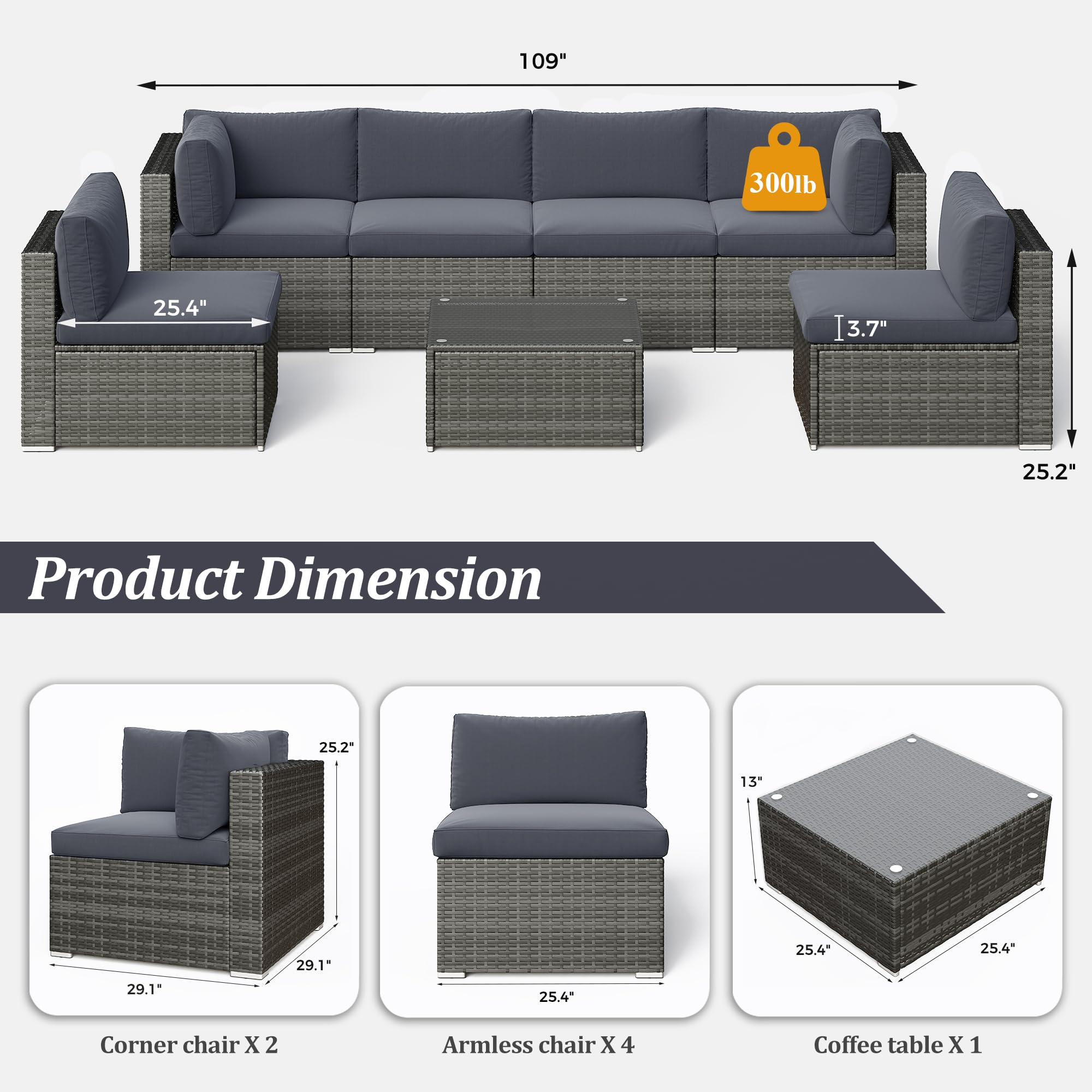 SUNVIVI OUTDOOR 7 Piece Patio Furniture Sets All Weather Gery PE Wicker Couch Sofa with Glass Table, Removable Dark Grey Cushions