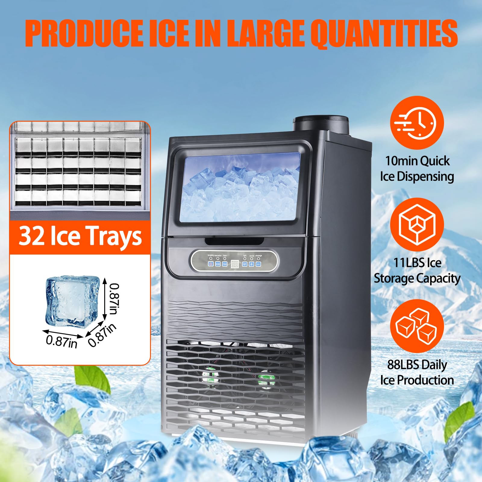 Commercial Ice Maker Machine, 88lbs/24H Counter Ice Maker with 11LBS Storage Bin, 32 Ice Trays, 10min Quick Ice Dispensing, Freestanding Ice Maker includes Scoop for Home Office Restaurant Bar