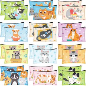 shinylin 24 pcs bulk cartoon zipper pencil case pouch cute cartoon animal pen bag multipurpose canvas cosmetic bag pouches organizer for boy girl stationary storage(cat style)