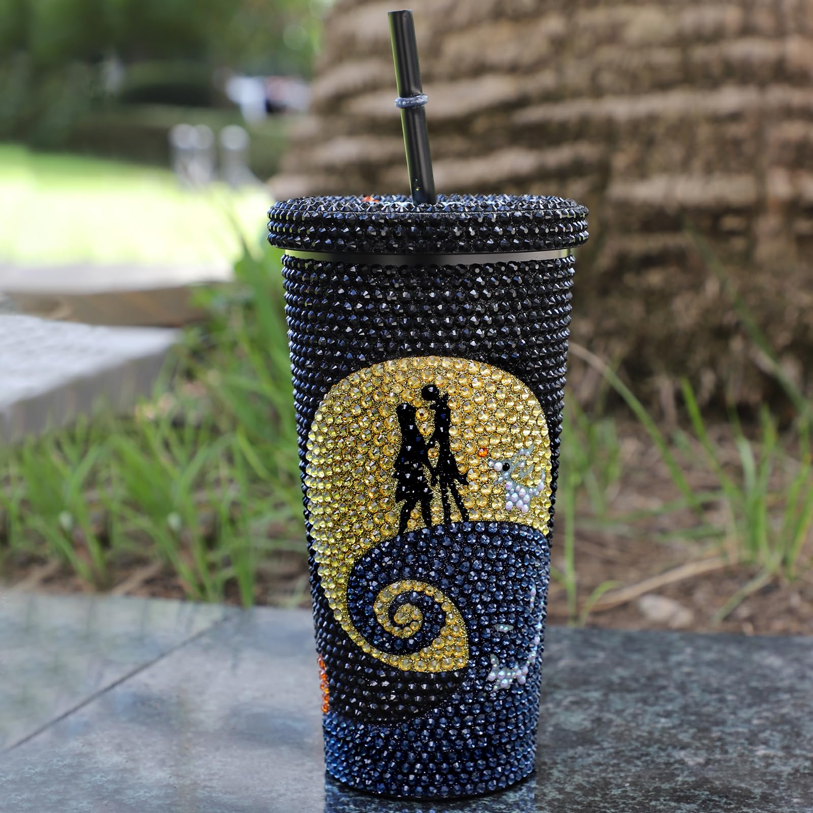 FunHues Bling Rhinestone Halloween Christmas Cup, 20oz Diamond Stainless Steel Insulated Tumbler with Lid and Straw, Glitter Halloween Xmas Coffee Water Bottle Mug