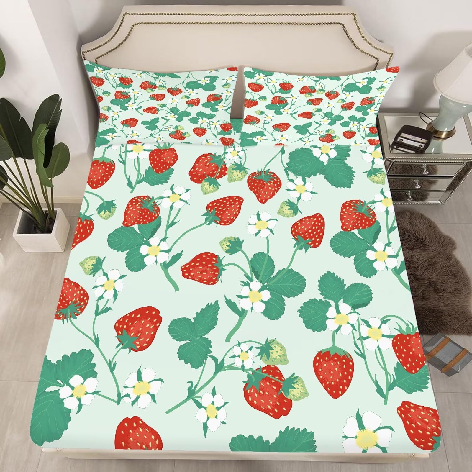 Girls Strawberry Sheets Set Queen Size 4 Pcs Cute Cartoon Fruit Green Kawaii Bedding Set for Kids Teens Bed 1 Fitted Sheet with 1 Flat & 2 Pillowcases