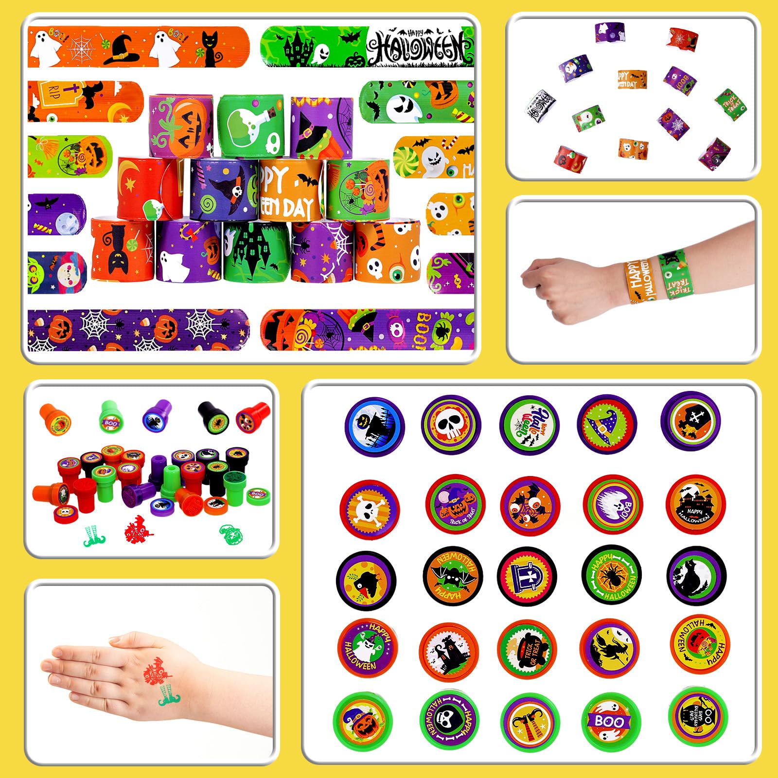 Garma Halloween Party Favors Toys for Kids, 25 Pcs Halloween Assorted Stamps with 12 Pcs Slap Bracelets and 288 Tattoos Halloween Goody Bag Fillers for Classroom Reward Prize Non Candy Party Supplies