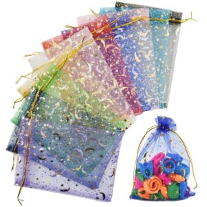 shrj 100pcs 10 colors organza sheer bags with drawstring for wedding, valentine, halloween, christmas, thanksgiving, birthday party candy gift supplies, moon star, 5” x 7”