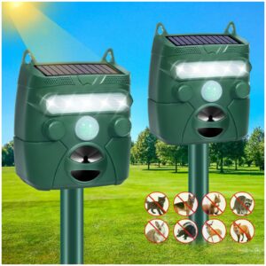 2 pcs solar ultrasonic animal repellent, 2024 deer repellent devices with motion sensor flash light to scare away cat squirrel skunk deer raccoon rabbit, cat deterrent outdoor dog repellent for yard