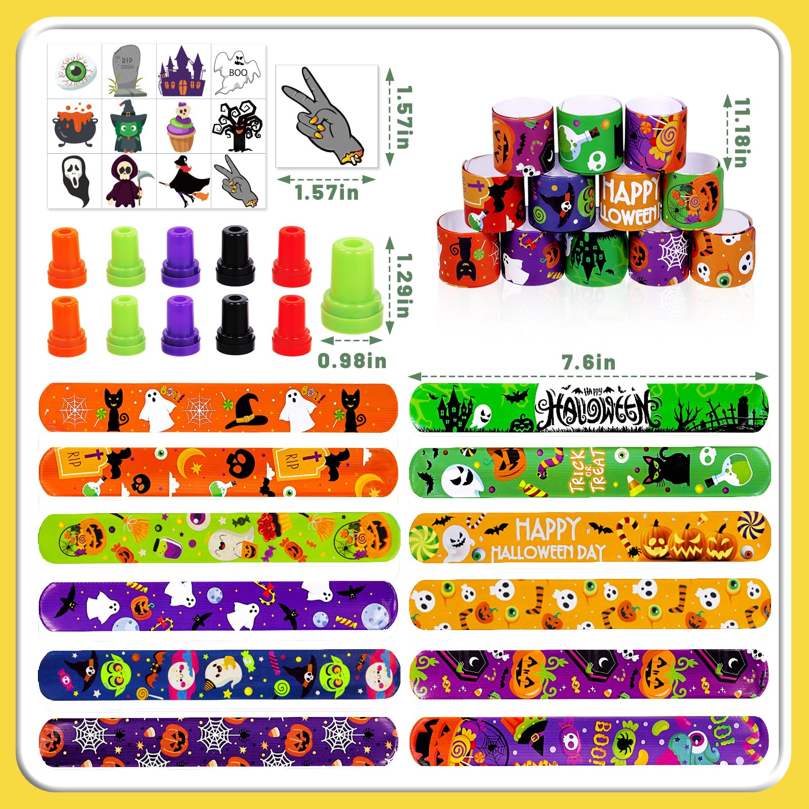 Garma Halloween Party Favors Toys for Kids, 25 Pcs Halloween Assorted Stamps with 12 Pcs Slap Bracelets and 288 Tattoos Halloween Goody Bag Fillers for Classroom Reward Prize Non Candy Party Supplies