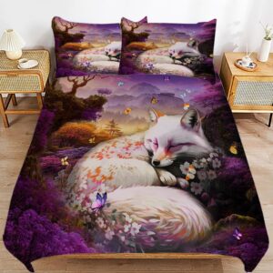 MSSHUKYTT Fantasy Nature Landscape Queen Size Duvet Cover Set,Fairy Tale Forest Wildlife Fox Florals Lavender Butterfly Daisy Comforter Cover Sets(1 Duvet Cover 2 Pillowcases)