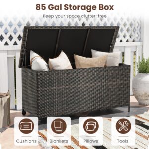 Tangkula Rattan Deck Box, 85 Gallon Storage Container with Waterproof Liner, Wheels & Gas Strut, Indoor Outdoor Wicker Storage Cabinet, Storage Furniture for Pillows, Cushions (Brown)