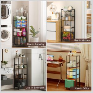 4-Tier Standing Storage Shelves, Narrow Shelving Unit for Small Places, Metal Wood Combination Storage Shelf Rack with Wire Basket,Adjustable Utility Shelf for Bathroom Kitchen Laundry Garage