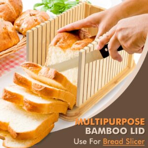 ALPIRIRAL Bread Box with Bread Slicer, White Bread Storage Container for Kitchen Countertop with Multifunction Bamboo Lid, 3 in 1 Breadbox for Loaf Slicing & Tray, Bread Bin Holder for Kitchen Counter