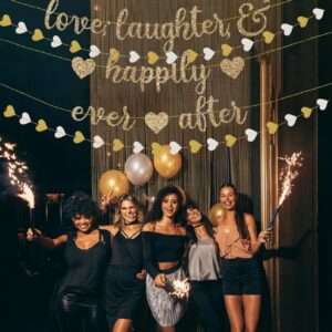 Pre-Strung Love Laughter & Happily Ever After Banner for Wedding Shower Decorations, Gold Glitter Banner Sign with 13FT Heart Streamers Garland for Bachelorette Party Bridal Shower Engagement