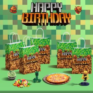 16pcs Pixel Party Favor Bags with Handle Paper Miner Gift Bags Candy Bags Goodie Treat Bags for Mining Pixel Video Game Party Decorations Birthday Party Supplies