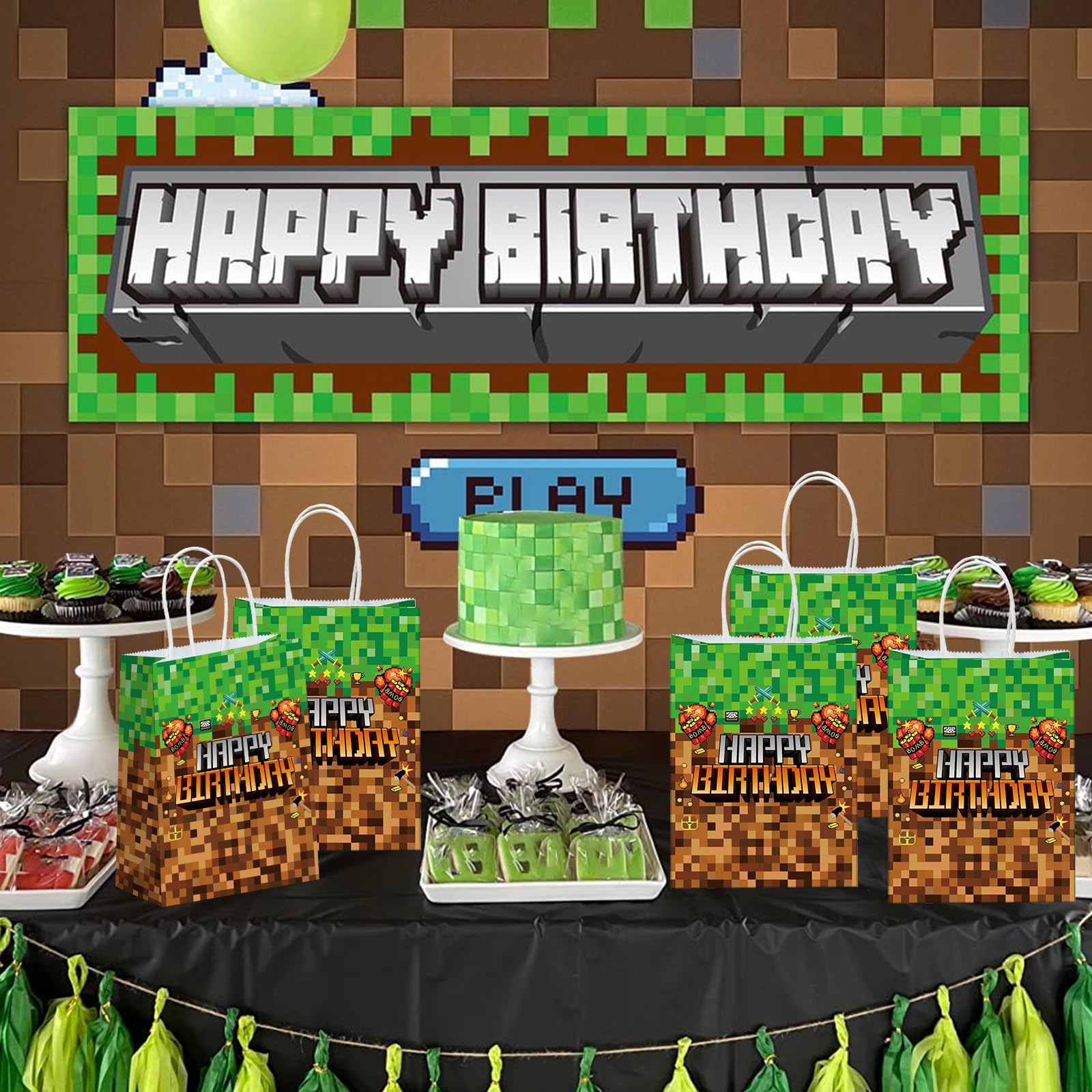 16pcs Pixel Party Favor Bags with Handle Paper Miner Gift Bags Candy Bags Goodie Treat Bags for Mining Pixel Video Game Party Decorations Birthday Party Supplies