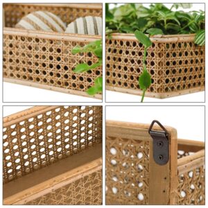 Synovana Boho Long Rattan Wall Shelf Farmhouse Woven Wall Mounted Shelf Basket Organizer Storage Rustic Floating Hanging Wall Shelf for Livingroom Home Decor