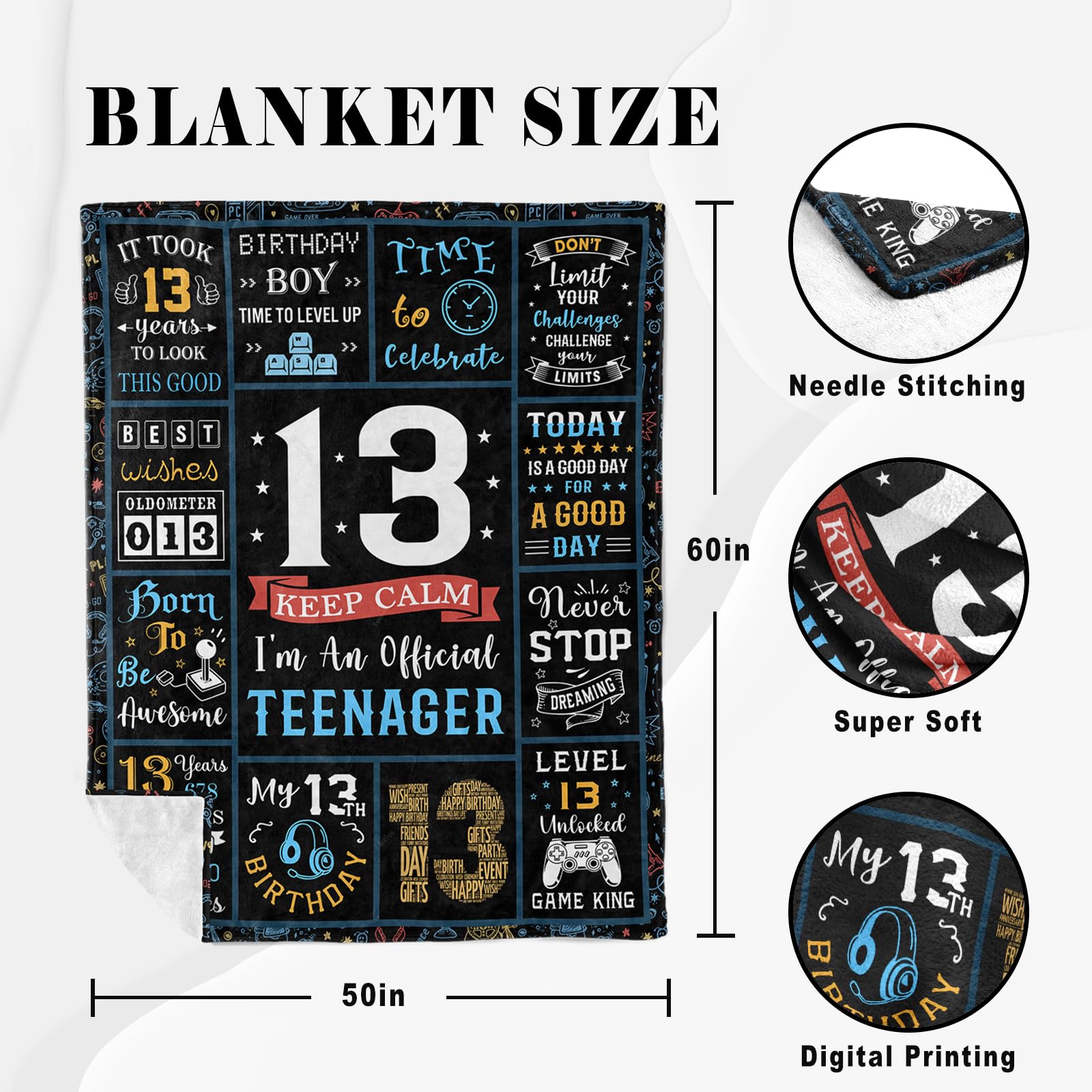 Turelos 13 Year Old Boy Gifts, 13th Birthday Gifts for Boys Blanket, Coolest Gifts for 13 Year Old Boy, 13 Year Old Boy Birthday Gift Ideas, Birthday Gifts for 13 Year Old Boys Throw Blanket 60x50in