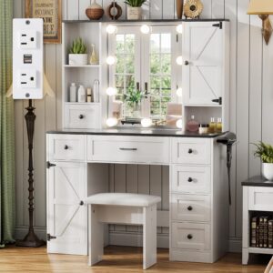 vowner vanity with lighted mirror - farmhouse makeup vanity desk with 7 drawers, 2 cabinets and outlet, 3 color lighting modes adjustable brightness, vanity table with stool for bedroom, white & black