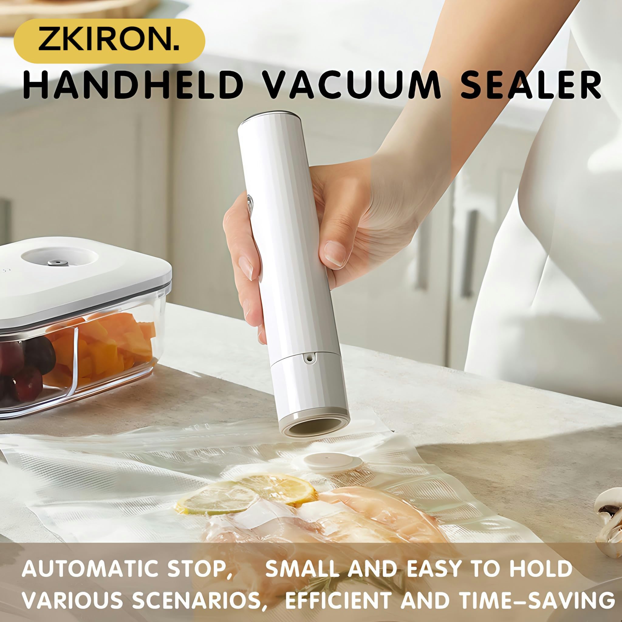 ZKIRON OneTouch Handheld Vacuum Sealer Machine, 5 PCS Reusable Bags Food Storage Set- Auto Start/Stop, Portable Design, Food Sealer for Food Saver, Sous Vide Cooking (White)