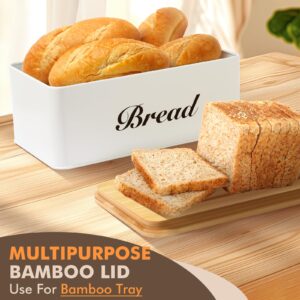 ALPIRIRAL Bread Box with Bread Slicer, White Bread Storage Container for Kitchen Countertop with Multifunction Bamboo Lid, 3 in 1 Breadbox for Loaf Slicing & Tray, Bread Bin Holder for Kitchen Counter