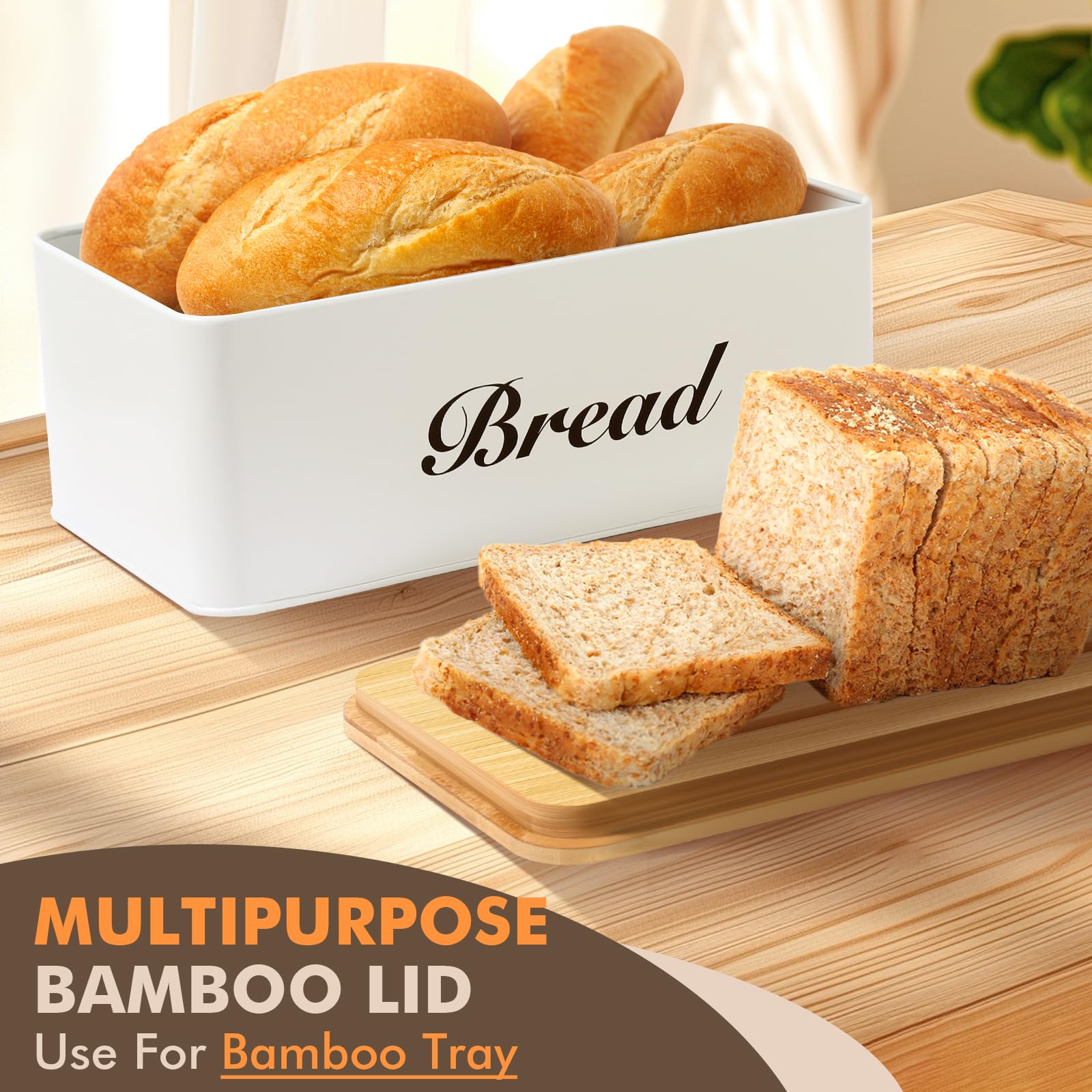 ALPIRIRAL Bread Box with Bread Slicer, White Bread Storage Container for Kitchen Countertop with Multifunction Bamboo Lid, 3 in 1 Breadbox for Loaf Slicing & Tray, Bread Bin Holder for Kitchen Counter