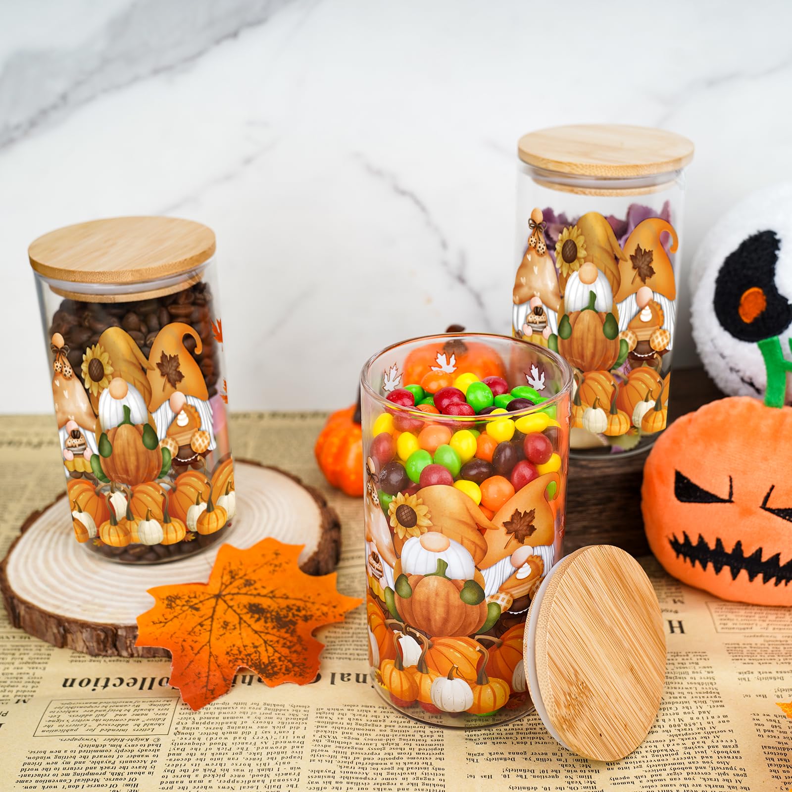 ANOTION Glass Storage Jars with Lids - Fall Gnomes Glass Jars 18oz Glass Food Storage Containers for Kitchen Storage, Pantry, Canning Jars for Storage Cookie, Sugar, Candy, Tea, Coffee, 3 Packs