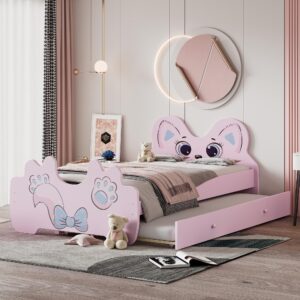 MERITLINE Twin Size Bed for Kids, Wood Platform Bed Frame with Cute Cartoon Headboard and Trundle, Twin Kids Bed with Trundle for Baby Girls Boys Child's Bedroom,Grey