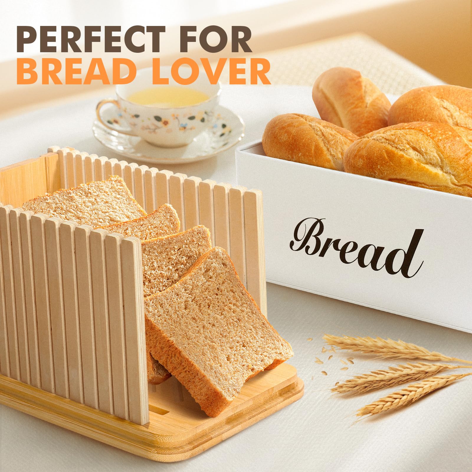 ALPIRIRAL Bread Box with Bread Slicer, White Bread Storage Container for Kitchen Countertop with Multifunction Bamboo Lid, 3 in 1 Breadbox for Loaf Slicing & Tray, Bread Bin Holder for Kitchen Counter