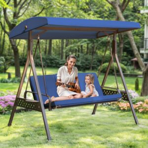 Sophia & William Outdoor Porch Swing with Adjustable Canopy,3-Seat Patio Swing Chair with Weather Resistant Steel Frame for Backyard Front Porch Lawn, Removable Cushions and Iron Tea Tray,Blue