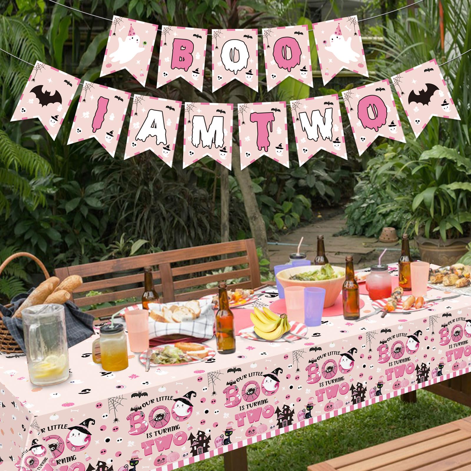 Yavxzvbw 3Pcs Boo I'm Two Decor Birthday Pink Halloween Tablecloth Halloween Birthday Party Decorations Girl for Halloween 2nd Birthday Decorations Boo Birthday Party Supplies