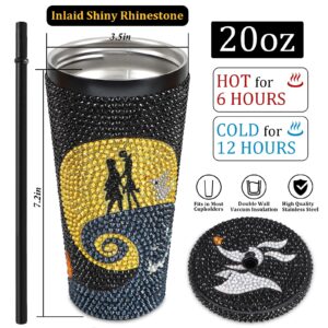 FunHues Bling Rhinestone Halloween Christmas Cup, 20oz Diamond Stainless Steel Insulated Tumbler with Lid and Straw, Glitter Halloween Xmas Coffee Water Bottle Mug