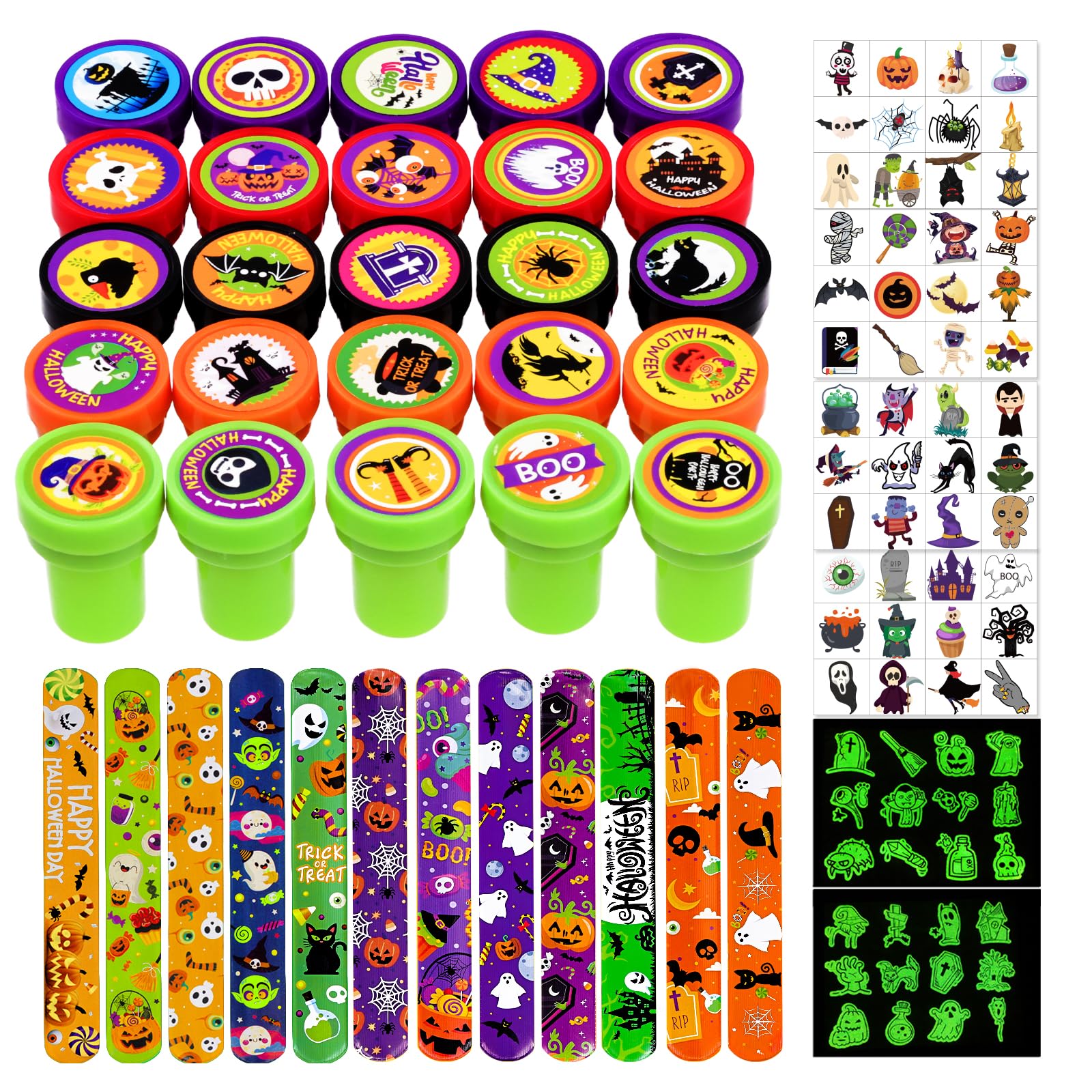 Garma Halloween Party Favors Toys for Kids, 25 Pcs Halloween Assorted Stamps with 12 Pcs Slap Bracelets and 288 Tattoos Halloween Goody Bag Fillers for Classroom Reward Prize Non Candy Party Supplies