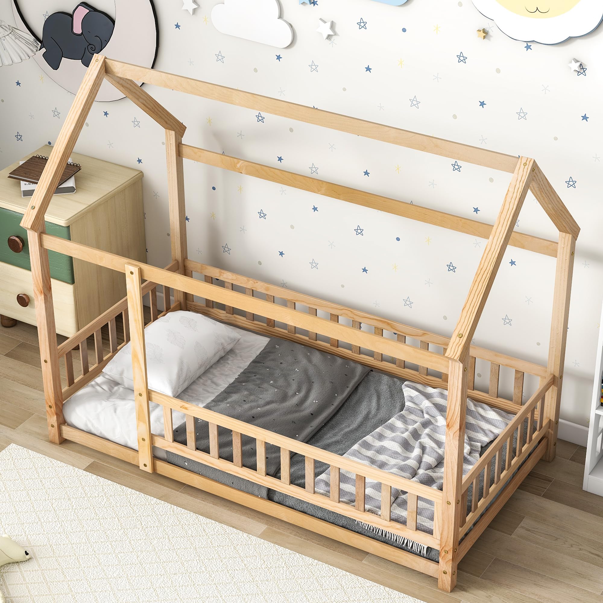 Montessori Floor Bed with House Roof and Safety Guardrails, Twin Size Solid Pine Wood Floor Bed Frame, Full Length Rails Fence for Girls, Boys, Child Bedroom, Kids Playroom (Natural)